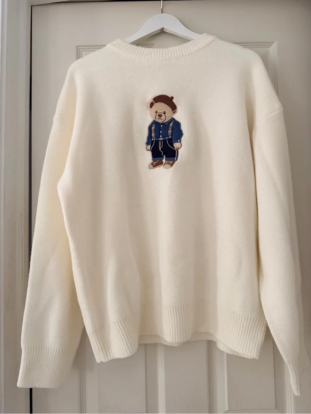 Cream Knit Sweater with Embroidered Teddy Bear